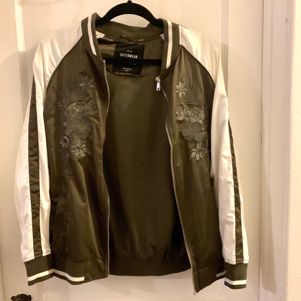 Satin Bomber Jacket Olive Green with Embroidery